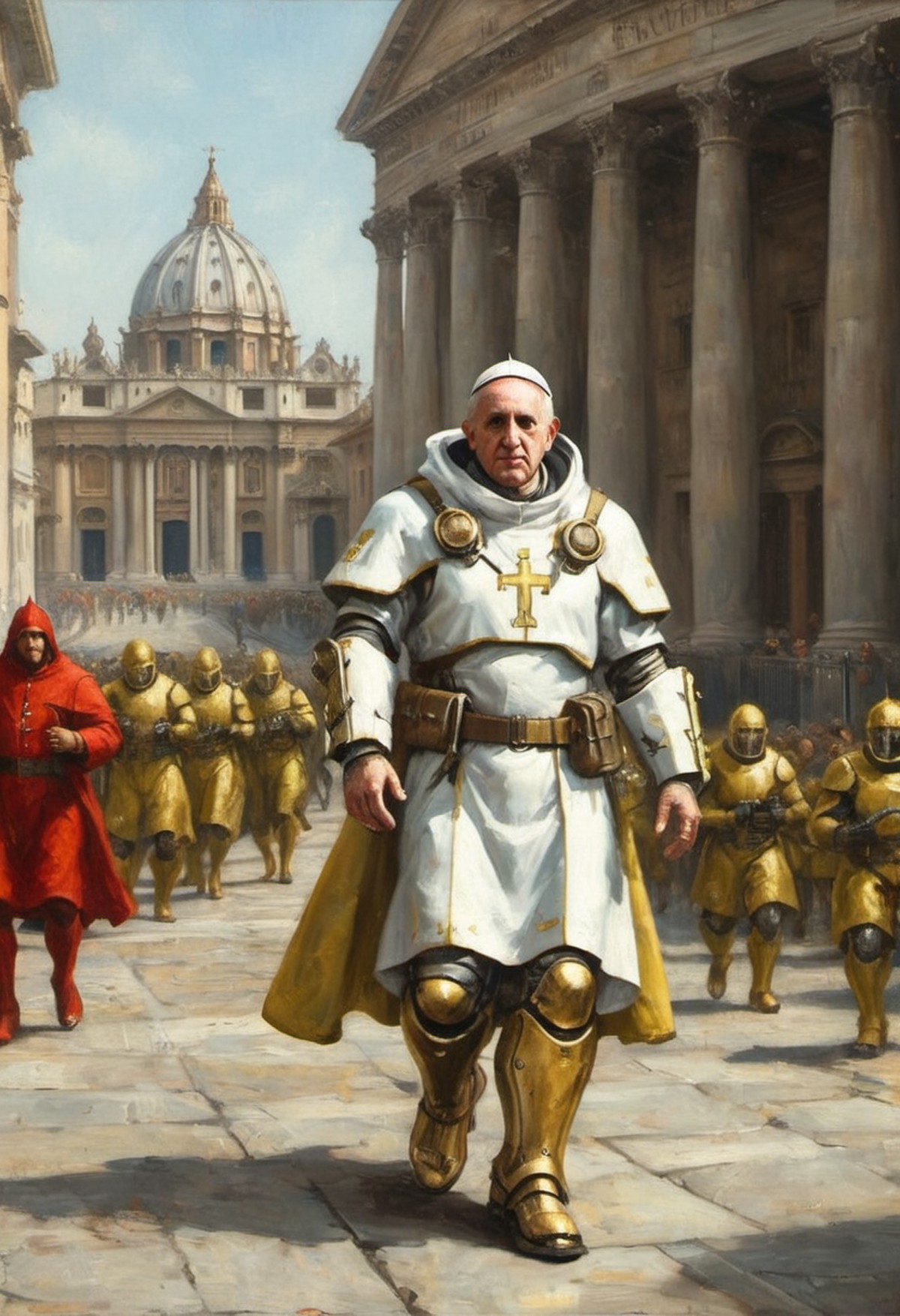Pope Francis in (Fallout Power Armor:1.3) papal armor white and gold leading his cardinal-ninja soldiers in the courtyard ...