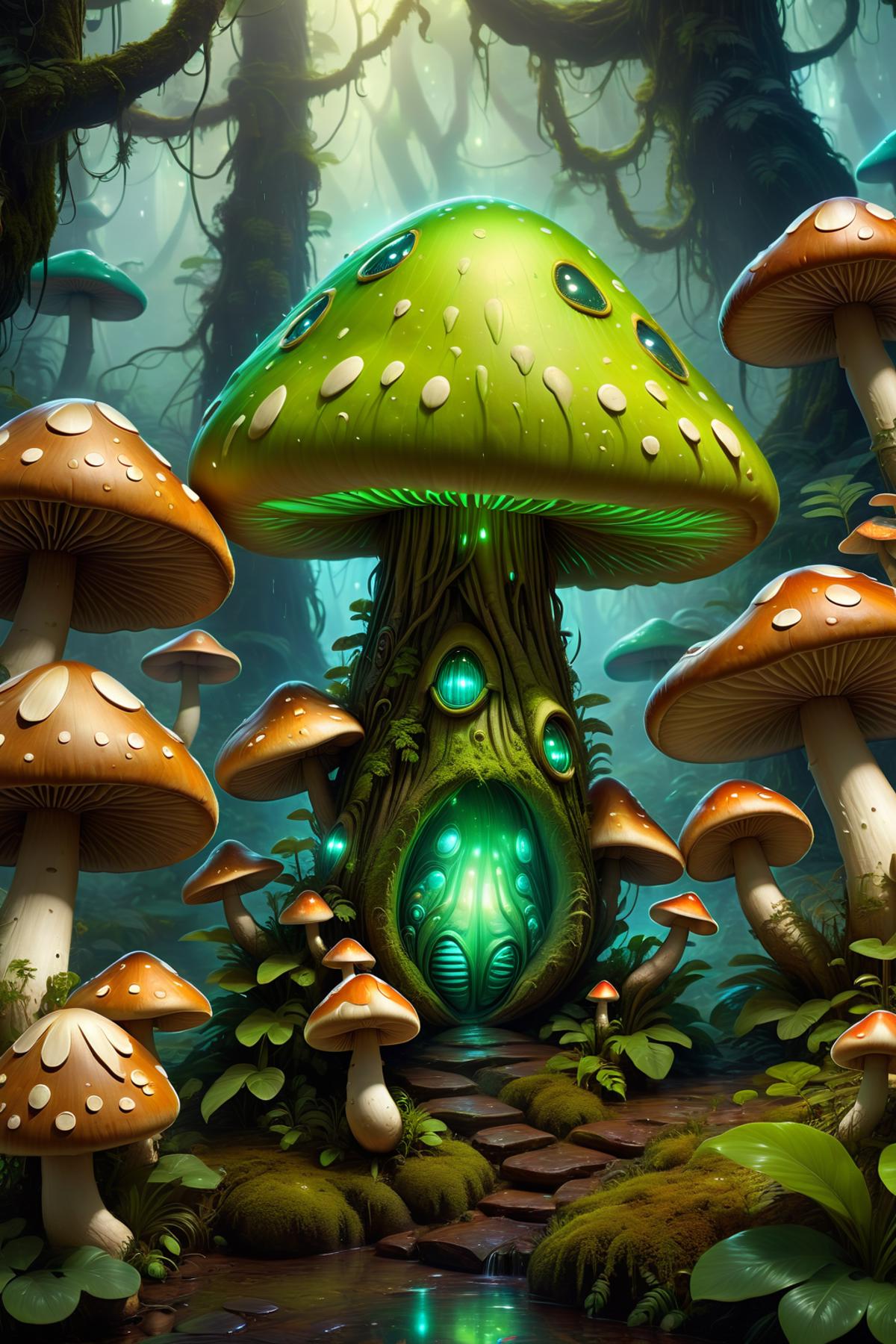 A Fantasy Art Mushroom Scene with Green Mushrooms and a Tree