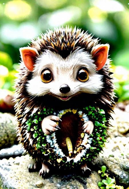 Visualize a lifelike drawing of a tiny hedgehog, its features humorously exaggerated with especially large, bright eyes and an inquisitive, smiling expression. The hedgehog's spines are finely detailed, capturing the natural texture, while its tiny paws are slightly oversized, adding to the cuteness. The setting is a simple garden background, with a focus on natural colors and a few green plants, creating a realistic yet adorable scene.