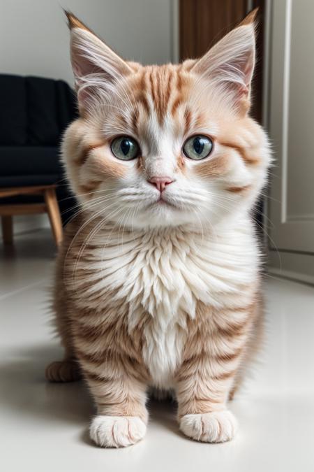 RAW photo, realistic, masterpiece, photorealistic, hyperrealistic, close up, full body, Munchkin cat, japanese cat, bright fur, cute, kitten, odd eye, walking, on the table,  white room in the background, 8k uhd, high quality, soft light, film grain, Fujifilm XT3,
