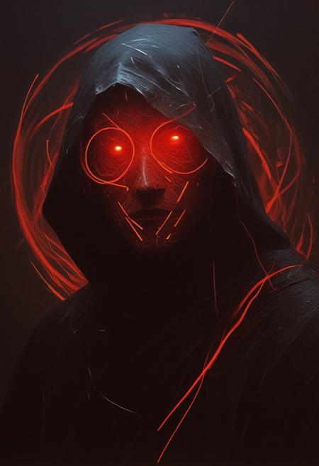 ((((abstract shapes)))), darkness, evening,((contemporary surrealism)), by Caspar David Friedrich, thick brush strokes, a dark hooded figure, wearing a glowing mask, black robes, face obscured, abstract composition, asymmetric, dark, red glow, (streaks), circles, black background, abstract film grain, messy composition, (long exposure)