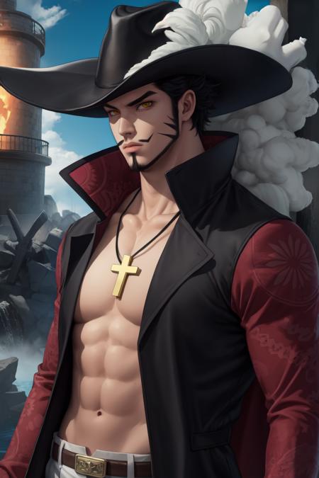 ANIME_OP_dracule_mihawk_ownwaifu,www.ownwaifu.com,  facial hair,beard,abs,black hair,yellow eyes,mustache,muscular,pectorals,goatee,long sideburns,sideburns,short hair,spiked hair,manly,toned,stubble,thick_eyebrows,  hat,jewelry,necklace,belt,coat,pants,open clothes,cross,pirate hat,cross necklace,cape,open coat,bare pectorals,black headwear,fur trim,latin cross,long coat,navel,jacket,open_jacket,topless male,hat_feather,white_pants,   yoru_(sword), sword_on_back,