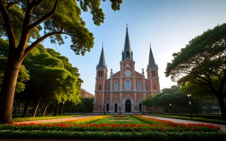 ,A peaceful early morning at the Saigon Notre-Dame Basilica, with soft sunlight streaming through the trees. The iconic red brick structure stands majestically against a clear blue sky, surrounded by blooming flowers and lush greenery, evoking a sense of tranquility,, sweeping landscapes, unique perspectives, epic scale, revealing hidden beauty, showcasing vastness, immersive experience, precise compositions, expert piloting, dynamic angles, cinematic storytelling, showcasing natural wonders, aerial exploration