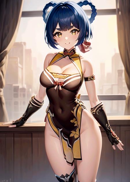 xiangling_\(genshin_impact\), 1girl,  blue_hair, hair_rings,dress, fingerless_gloves, black gloves, chinese_boots, black_boots, pelvic_curtain, yellow_curtain, gloves, short_hair, bell, red_ribbon, chinese clothes, (masterpiece:1.6, best quality), (finely detailed beautiful eyes: 1.2), ultra-detailed, illustration,beautiful detailed eyes,close up, full body, (breast focus), (arms behind back:0.6),  (breasts out:1.3), (off shoulder:1.1), (full_body) ,  shiny skin,   //<lora:X_TEST13_0.8+X_TEST10_0.6:0.7>