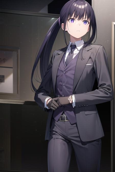 takinainoue, <lyco:takinainouechickeiii-lyco-nochekaiser:1>, 
inoue takina, long hair, bangs, ponytail, black hair, (purple eyes:1.2),
BREAK gloves, long sleeves, jacket, necktie, black gloves, collared shirt, belt, pants, vest, black jacket, black pants, formal, suit, red necktie, headset, black suit, earpiece,
BREAK looking at viewer, (cowboy shot:1.5),
BREAK indoors, restaurant,
BREAK <lyco:GoodHands-beta2:1>, (masterpiece:1.2), best quality, high resolution, unity 8k wallpaper, (illustration:0.8), (beautiful detailed eyes:1.6), extremely detailed face, perfect lighting, extremely detailed CG, (perfect hands, perfect anatomy),