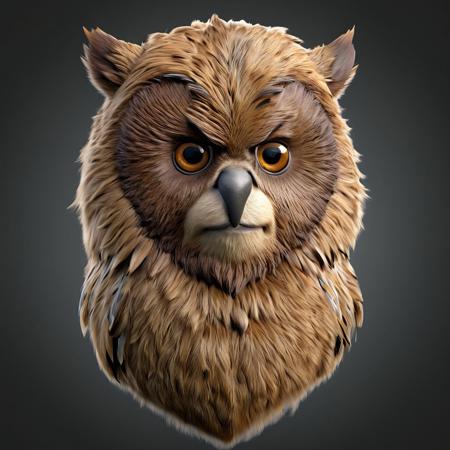 Owlbear, owl head, beak, standing, brown fur, grey feathers, bear claws, 3D, detailed, OverallDetailXL