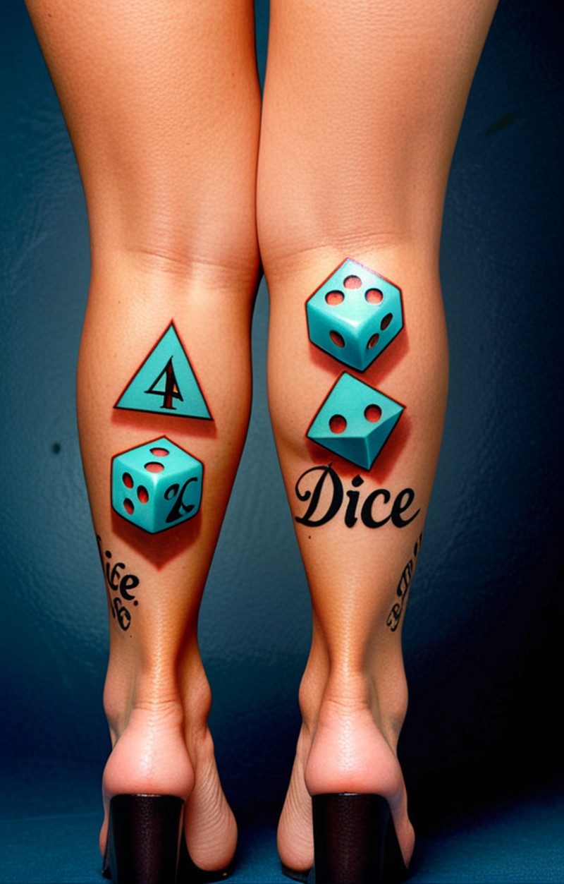 Dice tattoo design , woman leg, ass, (Wording say's "DICE"), <lora:SD_Dices_Mega_Detail_v1:0.75>
