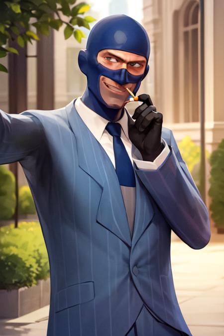 masterpiece, solo, upperbody, tf2spy, bluteam, cigarette, detailed eyes, blue suit, blue necktie, glack gloves, smiling, detailed background, outdoors, looking at viewer, <lora:spylorav1:0.8>