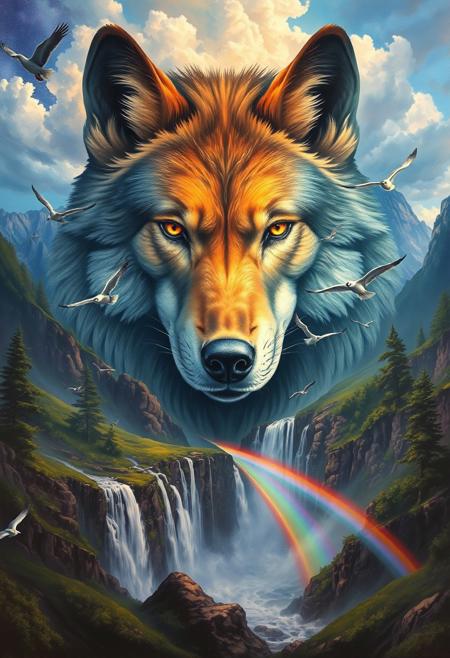 A painting of a majestic continent, a continent shaped like a wolf's face, with migratory birds taking flight from the vast wilderness.
There are numerous waterfalls and rainbows.
best quality, sharp focus, high contrast, colorful, ultra quality, 8k, best quality ,Oil Painting,
