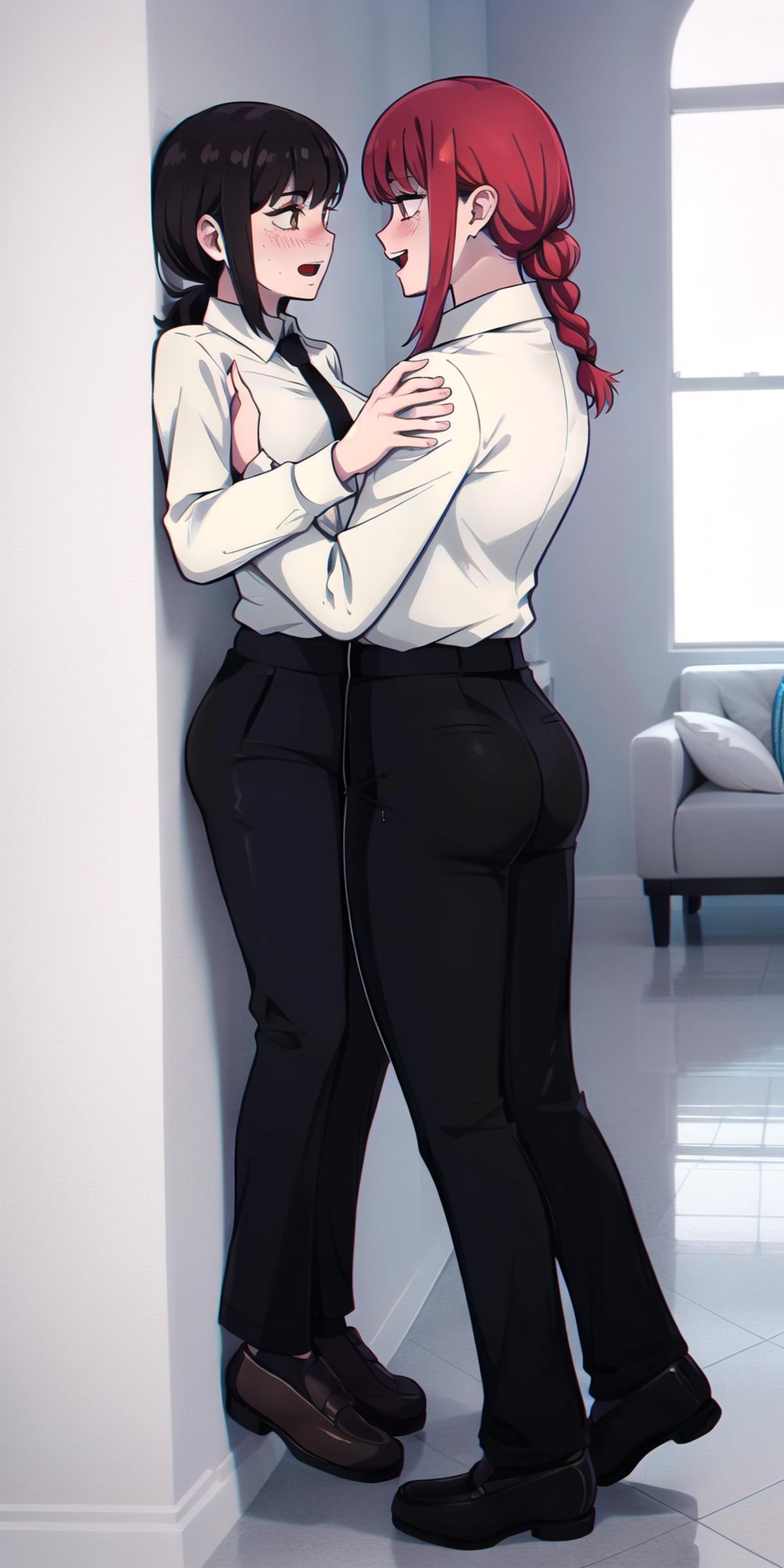 Two people in black pants hugging in a room.