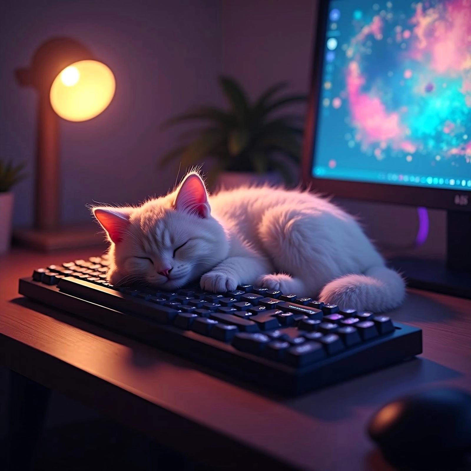 dreamscape, fantasy, happiness, dreamland, Whimsical,16k, dslr photo, hyperrealism, photorealistic, a happy ragdoll cat sleeping on a keyboard,gamer desk, 1.8 Canon 100mm F2.8, studio quality, octane rendering, Dunia Engine, 