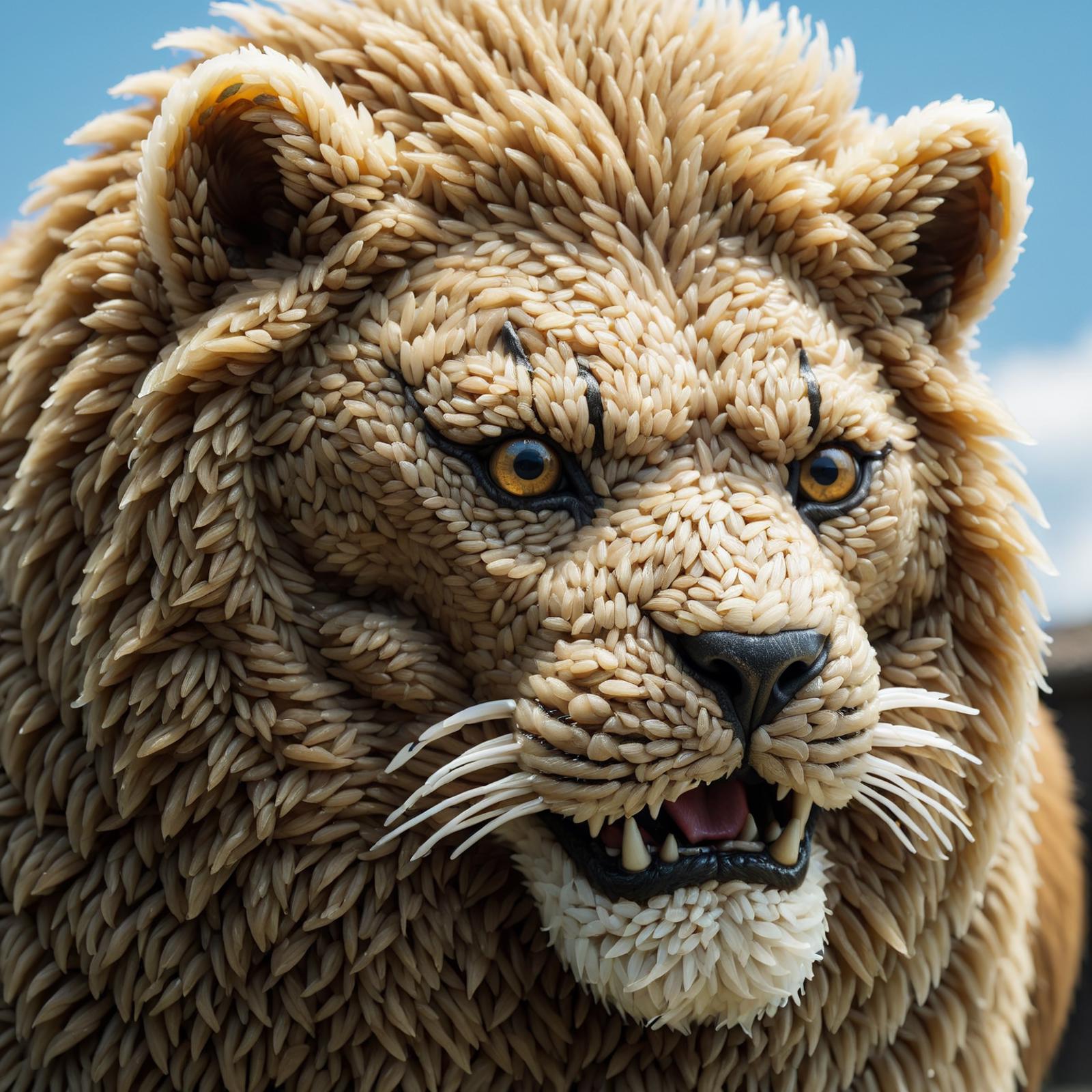 A large stuffed animal lion with big eyes and a mouth open.