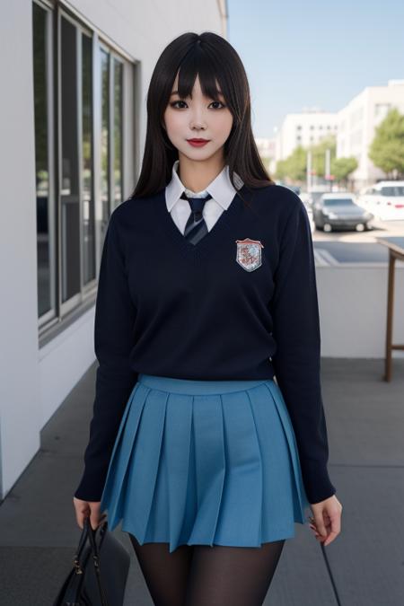 st. gloriana's school uniform, dark blue sweater, necktie,white collared shirt,blue pleated skirt, pantyhose,school emblem, 