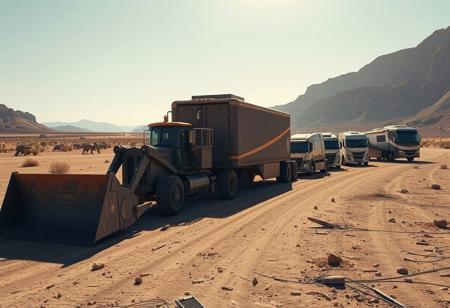 the caravan snaked its way along a dead riverbed, the sun glinting off of the collection of futuristic and high-tech trucks & trailers, hovercraft, and mechs. A sci-fi bulldozer with  a large blade in the front was in the lead of the caravan followed by 4 trucks with trailers, and in the end three hover RVs.
