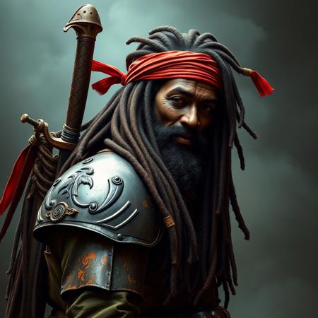 light combat armor, chilled happy big dreads Rasta, with  sword hilt with ruins on back, soldier fatigues, red headband with ruins, tribal doctor (masterpiece chilled hyperrealisitic concept art 8k)  masterpiece