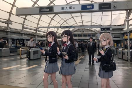 best quality, ultra-detailed, illustration,
1girl, glasses, school uniform, bag, jacket, holding, smartphone,
multiple girls, multiple boys, crowd, 
kaisatsu, automatic ticket gate, train station, scenery, sign, real world location, indoors, ceiling
 <lora:kokusai_tenjijyo_eki_SD15_V1_DIM4:1>