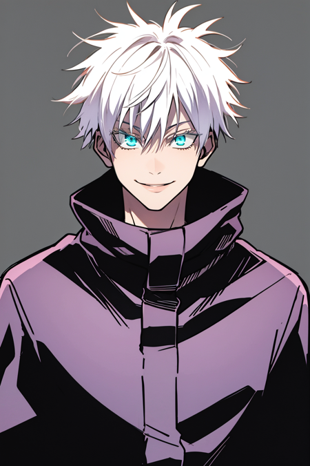 masterpiece, best quality, 1boy, gojou satoru, white hair, short hair, blue eyes, (glowing eyes:0.5), black jacket, high collar, upper body, solo, looking at viewer, smile, simple background <lora:Gojo:1>