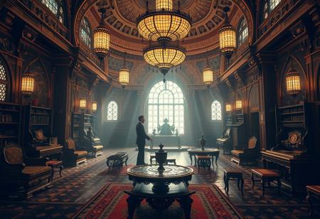 source_photo, photorealistic, masterpiece, 4k, ray tracing, intricate details, highly-detailed, hyper-realistic, 8k RAW, cinematic light, dramatic light, shallow depth of field,  high budget, bokeh, cinemascope, best view, best angle, XIXth century, Baudelaire, orientalist, collector, surrealist poetry, "Quand il jette en dansant son bruit vif et moqueur,
Ce monde rayonnant de métal et de pierre
Me ravit en extase, et j'aime à la fureur
Les choses où le son se mêle à la lumière."