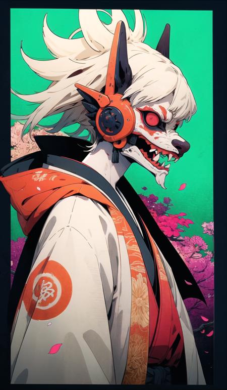 oniNFT, solo, 1boy, male focus, furry, weapon, sword, teeth, upper body, petals, long hair, sharp teeth, japanese clothes, from side, white hair, colored sclera, fangs, katana, furry male <lora:oniNFT-block:1>