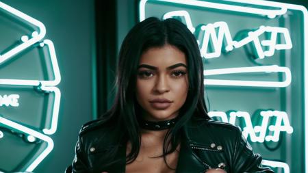 <lyco:Kylie Jenner_v1.0:1> Kylie Jenner, full body portrait, riding a motorcycle, wearing a black leather jacket, sharp, bokeh, action shot, realistic, film grain, neons <lyco:neons_v2.0:1.0>