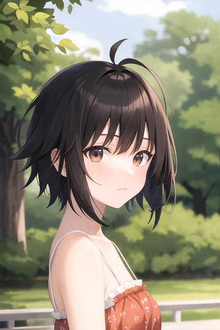 absurdres, kikuchi makoto, 1girl, solo, short hair, black hair, antenna hair,