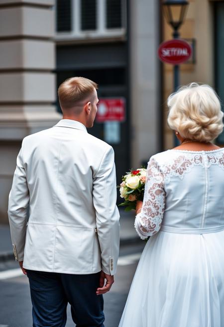 A young European heterosexual couple wore wedding attire to the Household Registration Office to notarize their marriage, and after completing the registration procedures, they were walking on their way home.
At this time, another elderly heterosexual couple with white hair came on the opposite street. The young couple passed by the elderly couple and both sides turned back to look at each other.
The young couple seemed to see their future, and the old couple seemed to see themselves when they were young, and both sides smiled knowingly at the same time.
FHD, Rich in details, masterpiece.