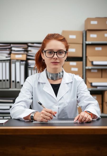 A 25 year old woman with nardy glasses and red hair in a ponytail sitting behind a desk. She wears a white laboratory cleak and a bnlack top. Her hands are on the table in front of her holding a pen and a ruler. She has a thich silver band of metal around the neck and likewise such bands of metal around the wrists. In the background is a self with many folders as well as a few bigger cardborad boxes
