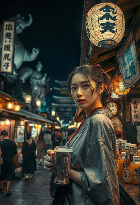 Setting is ancient Japanese street market at night in Kyoto, ((all writing is in Japanese )), ((all lighting is by candles, and Japanese style paper lanterns,  the market is comprised of street vendors selling food, weapons, and clothing. People wearing Japanese  clothing are walking through the street market shopping and eating, A calico cat with red collar sits on a nearby wooden roof at a market kiosk. Behind the a kiosk counter are containers of Japanese  sake, (((a beautiful woman, 24 years old, is standing in the foreground facing the viewer with a metal goblet of beer in her hand. Her eyes are beautiful and focused on the viewer, she has an expression of interested curiosity))), the woman is dressed in Japanese traditional style clothing combining a sexy and classic Japanese aesthetic. Enormous Japanese statues and temples are visible in the background and around the scene and smaller statues and Ancient Japanese architecture is prevalent in the market, The woman's hair is elegantly tied up with a ribbon. Artistic classic Japanese aesthetic, dynamic perspective, (((overall architectural aesthetic is Ancient Japanese ))).  Epic image that elicits a feeling of wonder and awe,