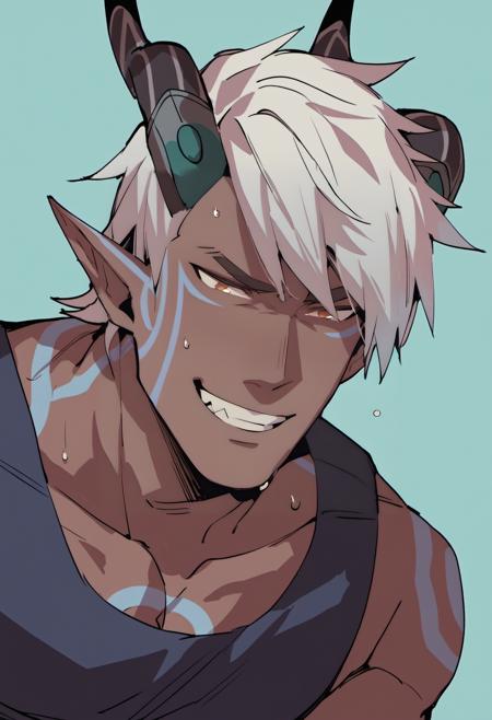 ethari_tdp, white hair,horns, pointy ears, tattoo, colored skin, dark-skinned male