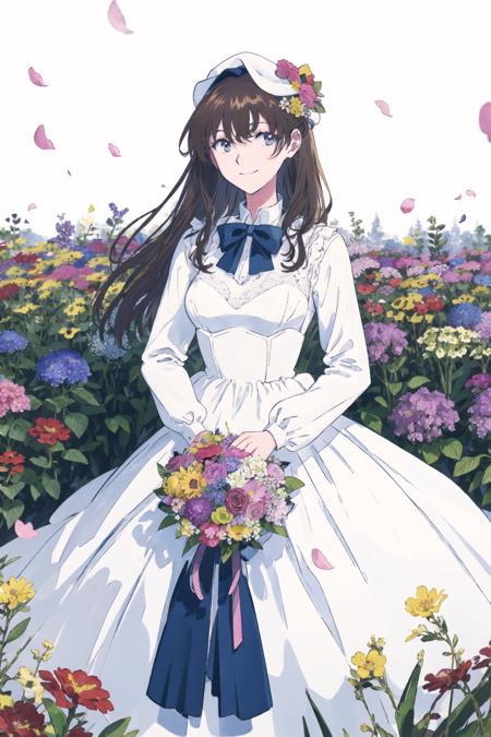 masterpiece, best quality, 1girl, asuka, solo, long_hair, looking_at_viewer,, smile, skirt, shirt, long_sleeves, hat, dress, bow, holding, closed_mouth, flower, frills, hair_flower, petals, bouquet, holding_flower, center_frills, bonnet, holding_bouquet, flower field, flower field, colorful, brown hair,