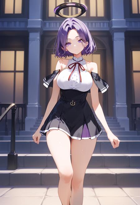 tatsuta-kc, purple hair, halo, middle hair, purple eyes tatsutadef-kc, dress, long sleeves, black dress, white shirt, black skirt, short dress, bare legs, breasts tatsutakai2-kc, bare shoulders, sleeveless, high-waist skirt, black dress, white shirt, black skirt, short dress, bare legs, breasts tatsutamizugi-kc, swimsuit, black bikini, criss-cross halter, sarong