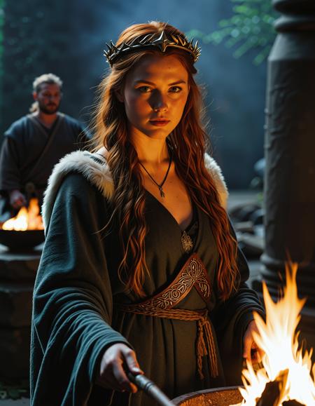 RAW full body image of a gorgeous 25 years old Gorgeous Viking Woman auburn haired, loose hair, <lora:NordicByNature:0.8>,Keeper of Sacred Fire, A Viking woman tending a ceremonial flame in a grand temple, her expression solemn as she honors the gods.,high quality, film grain, Fujifilm XT3, 8k uhd, dslr, film grain, kodak tri-x 400 film, grain photo DOF, faint lighting, dynamic angle, cinematic, Depth of field, bokeh, best quality, cinematic, light particles, highly_detailed, very_aesthetic, golden hour, beautiful_and_aesthetic clear focus, high resolution image, (soft naural light), (rembrandt light), (soft shadows) ,Sexy pose, erotic pose, exhibitionism,