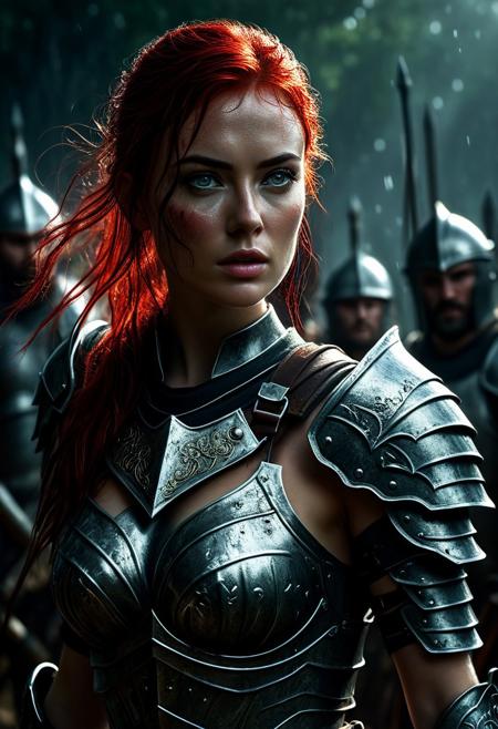 Ultra detailed digital art masterpiece beautiful Warrior girl dressed in a iron Armor and red mini skirt, Standing on a battlefield at the head of an army of knights, where a bloody slaughter is taking place, standing in battle pose, a dark epic fantasy, perfect lighting, beautiful Sadie Sink as Warrior girl, attractive woman, elegant, beautiful woman of athletic body, epic shot of the whole Warrior girl, unreal engine 5 nanite quality, dark fantasy, dark environment, very stormy day, LOTR style, dark washed out eyeliner, no make up, natural bloody pale face, realistic brown eyes, ultra detailed atmospheric details, beautiful glowing effects, sparkle effects, realistic body proportions, beautiful face proportions, complex masterpiece, wavy red hair, creative glowing detailed tattoos, complex physics, enhanced colors, complimentary colors, ultra detailed raytracing reflections, Ultra detailed complex background, environment feels alive, direct eye contact, dramatic lighting, wet and sweaty skin, beautiful firm Breasts, Daylight, Concept art by Greg Rutkowski, adding to the intense and dynamic atmosphere of the scene.