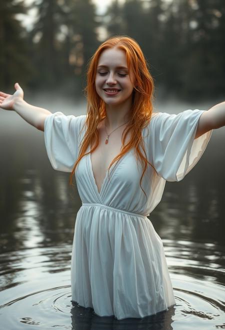 A photorealistic masterpiece of a 21 year old Scottish woman. She is standing up to her knees in a shallow loch. Her ginger hair is soaking wet and she has pale skin, freckles and a cute round perfect face. She is wearing a wet long white gown Dawn light can be seen creeping through the trees at the back and the early morning mist sits on top of the water. She is smiling giving off an ethereal vibe. Her arms are out stretched, she is smiling and her eyes are shut