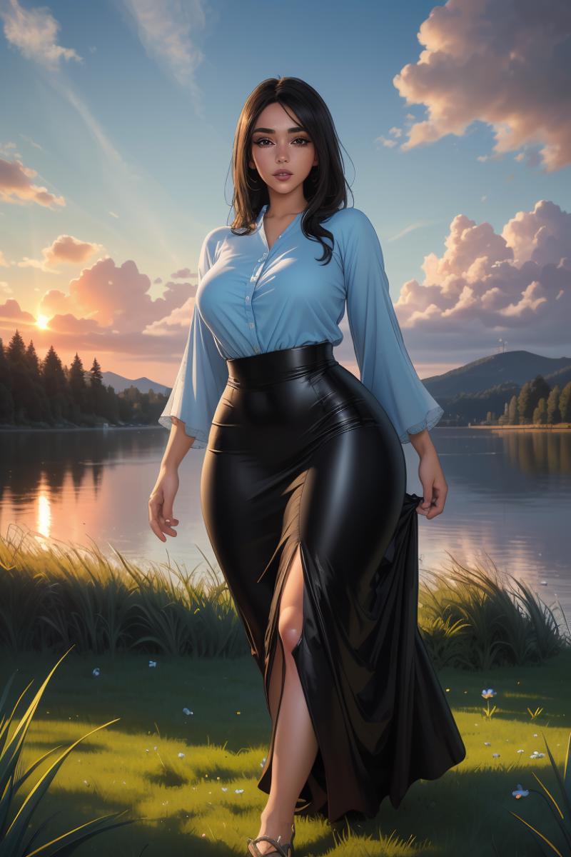 A beautifully rendered image of a woman in a blue dress and black leather skirt.