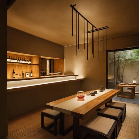 skybar,<lora:20240705-1720127504546:0.6>,(rice wine:1.3),(wine cabinet:1.2),(bar counter:1.2),(wine bottle:1.2),(wine glass:1.1),(- Features: Dominated by natural materials such as bamboo:1.1),wood,(and stone:1.1),with simple furnishings reflecting Zen minimalism.,- Atmosphere: A tranquil space with a subtle scent of tea and gentle traditional music in the background.,
- Style: Oriental Zen style with neutral tones like beige,gray,and white for a minimalist yet elegant setting.,
- Background: A tea corner surrounded by a Japanese-style courtyard or a view of a small bridge over flowing water.,
- Lighting: Indirect lighting and warm-toned lights create a soft and cozy ambiance.,masterpiece,