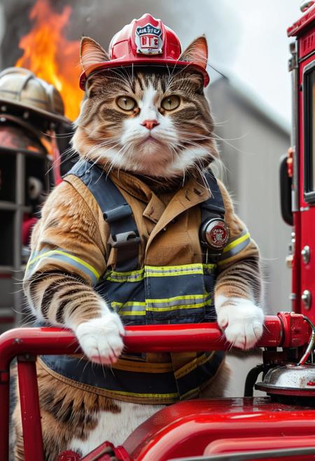 cat fire dept, cat fire fighter, cat wearing fire fighter uniform, cute cat, fat cat, cat on fire truck,