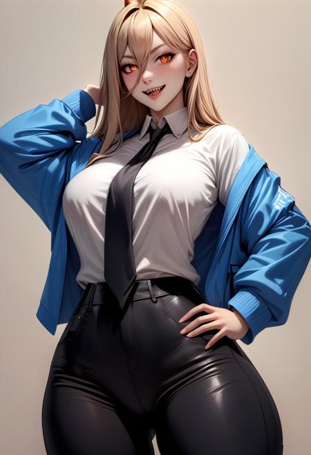 solo, 1girl, powerdef, sharp teeth, smile, hand on hip, blonde hair, cross-shaped pupils, blue jacket, white shirt, black necktie, black pants, masterpiece, best quality, rating: general, newest <lora:csm_power_xl-000004:1>