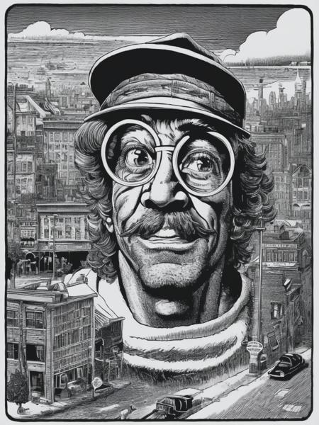 <lyco:RobertCrumb:1.0> a guy with really big eyes looking a sign in the city. robert crumb illustration style