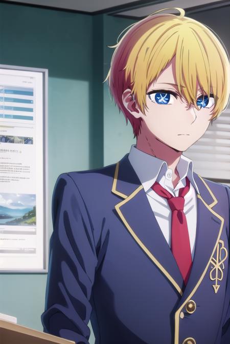 aquamarinehoshino, <lora:aquamarine hoshino s1-lora-nochekaiser:1>,
aquamarine hoshino, blue eyes, blonde hair, hair between eyes, (symbol-shaped pupils:1.5), 1boy, male focus,
BREAK shirt, school uniform, jacket, necktie, blazer, red necktie,
BREAK indoors, classroom,
BREAK looking at viewer, (cowboy shot:1.5),
BREAK <lyco:GoodHands-beta2:1>, (masterpiece:1.2), best quality, high resolution, unity 8k wallpaper, (illustration:0.8), (beautiful detailed eyes:1.6), extremely detailed face, perfect lighting, extremely detailed CG, (perfect hands, perfect anatomy),