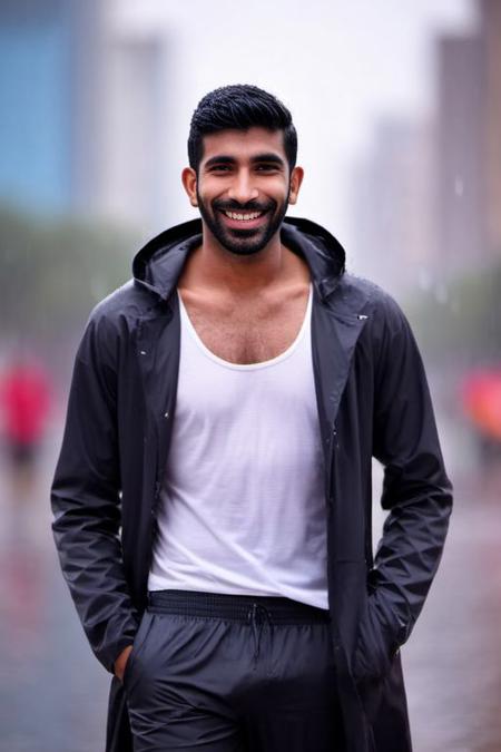 Sendhil Ramamurthy a man <lora:Jasprit-Bumrah_Sendhil-Ramamurthy:0.8>, wearing a rain coat, crop top, city street, bokeh, homoerotic, rainy day, 