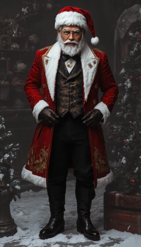 Realistic image reimagines a tall Santa Claus with a fashionable Victorian aesthetic. He dons an elegantly tailored deep red frock coat with intricate gold embroidery, a luxurious fur-lined collar, and polished leather boots. His fancy moustache is carefully groomed, paired with round, vintage spectacles. A velvet waistcoat and pocket watch add a refined touch, while snowy flakes swirl around him, enhancing the nostalgic yet stylish, aristocratic vibe. His confident, dignified pose exudes timeless charm, vantablack