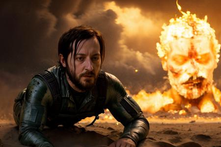 Hyperrealistic art RAW photo, screaming,  eyes open, (((face on fire))), a man in a white shirt crawling in the deser, vfx, concept art, action painting <lora:cinematic explosion style 1.5:1>, 8k uhd, dslr, soft lighting, high quality, film grain, Fujifilm XT3 . Extremely high-resolution details, photographic, realism pushed to extreme, fine texture, incredibly lifelike