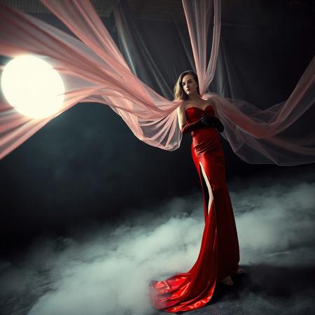 noble norvegian femme fatal lady  posing standing wearing evening GLOSSY THIN RED slime high slit gown, GLOVES  and high heels,   entrapped in  giant long waving  ultrathin transparent fisnet veils, surrounded by  fog from the floor, captured in light beam from celling,  breeding chamber,  ultrathin waisT, HORROR,  reminiscent of H.R. Giger, Zdzisław Beksinski, and Ash Thorp's dark, sleek styles, with close-up glamour photography, glossy satin and silver heels glistening, fleshy slime dripping, and dark shadows.