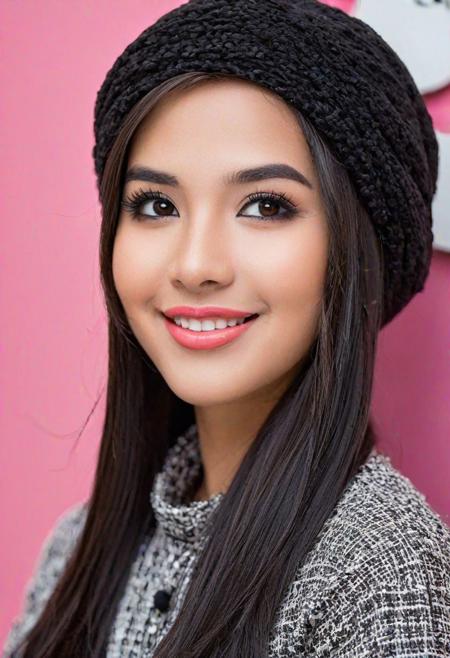 {"shot":"close-up","gender":"female, woman","ethnicity":"asian malay girl","hair":{"type":"long","texture":"straight","color":"shine black"},"face":{"shape":"rounded","description":"beautiful face","eyes":{"color":"black eyes","description":"beautiful eyes","makeup":"eyeliner"},"nose":"big nose","mouth":{"description":"beautiful lips","state":"close mouth with smile","color":"pink lips"}},"settings": "wear flowerly __color__ hat walking in mall"}