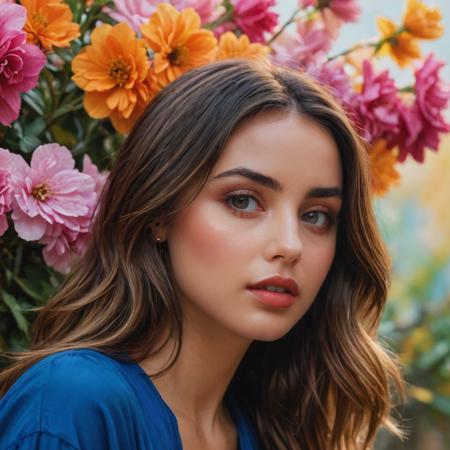 A dreamy, vibrant portrait of Ana de Armas; minutely detailed, with precise, sharp lines, a composition that qualifies as an award-winning photograph, presented in 4K resolution, inspired by master artists like Eugene de Blaas and Ross Tran, employing a vibrant color palette, intricately detailed