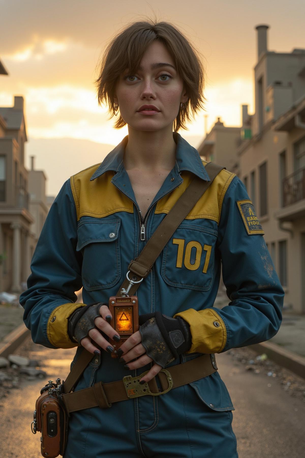 ellapurnel character standing confidently in a post-apocalyptic wasteland. She is wearing the iconic blue and yellow Fallout jumpsuit, with the number 101 emblazoned on the back. The jumpsuit is slightly worn, with a few scratches and dirt marks, showing signs of survival. She has a rugged look, with short, messy hair and a focused expression. The background features a desolate landscape with crumbling buildings, broken roads, and a cloudy, orange-tinted sky, reflecting the harsh environment she has survived in. In her hand, she holds a pip-boy, a device strapped to her wrist, glowing faintly