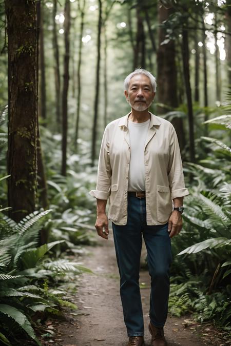 RAW photo,a portrait photo of 55 y.o man,traveler clothes,standing in the forest,natural skin,8k uhd,high quality,film grain,Fujifilm XT3,