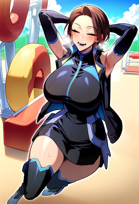 brown hair, short hair, brown eyes sleeveless jacket, black jacket, elbow gloves, boots, black gloves, thighhighs pants, jeans, long sleeves, brown jacket, white shirt, turtleneck crop top, pink shirt, short sleeves, jeans, navel
