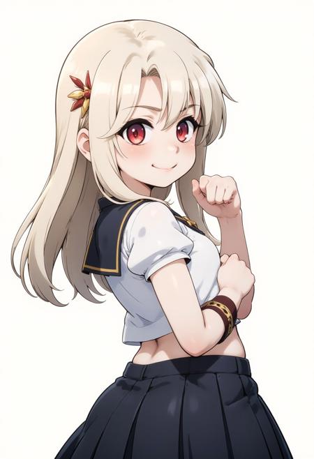 illyasviel von einzbern, prisma illya, 1girl, solo, long hair, looking at viewer, smile, bangs, skirt, blonde hair, hair ornament, red eyes, uniform, white shirt, black skirt,